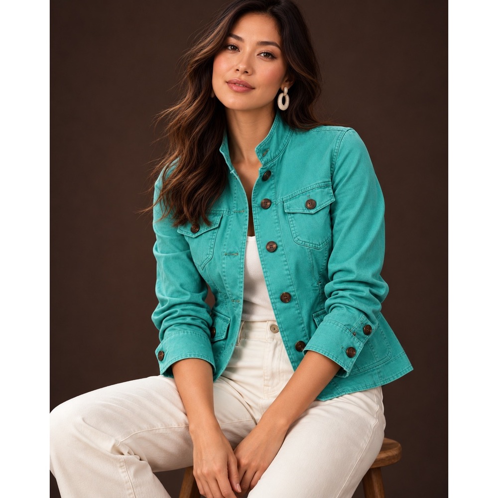 Nine & Co Weekend Nine West Teal Green Stretch Cotton Utility Jacket Size 12